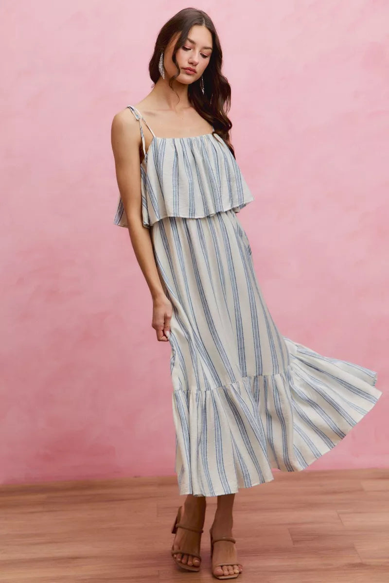 Women's Striped Tiered Shoulder Tie Midi Dress - Midi Dresses