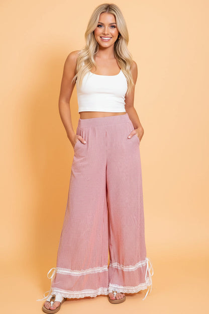 Striped Contrast Lace Ribbon Tie Waist Wide Leg Pants — Chic Timeless Everyday Style - Red Stripe Bottoms/Pants & Culotte