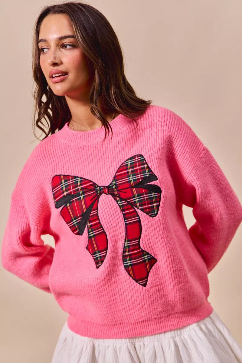 PINK Plaid Bow Christmas Crewneck Holiday Sweater | Trendy Sweaters Outfit Idea for Women by Ro + Ivy | Elevated Basics, Modern Comfort & Style