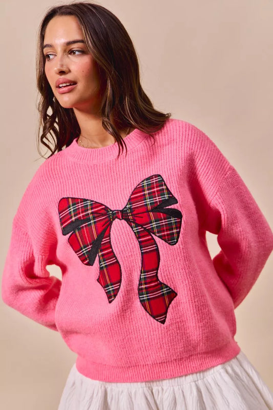 PINK Plaid Bow Christmas Crewneck Holiday Sweater | Trendy Sweaters Outfit Idea for Women by Ro + Ivy | Elevated Basics, Modern Comfort & Style