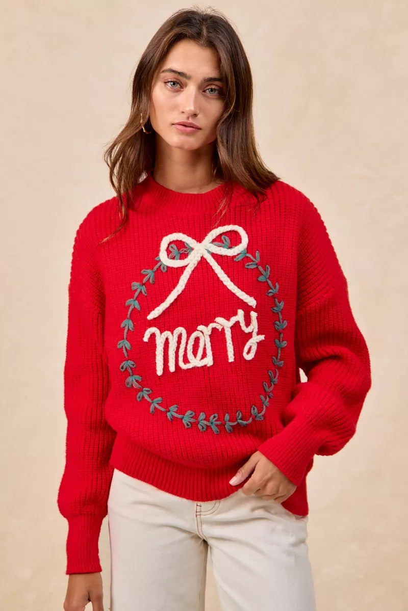 "Merry" Lettering Christmas Wreath Crewneck Sweater | Trendy Sweaters Outfit Idea for Women by Ro + Ivy | Elevated Basics, Modern Comfort & Style