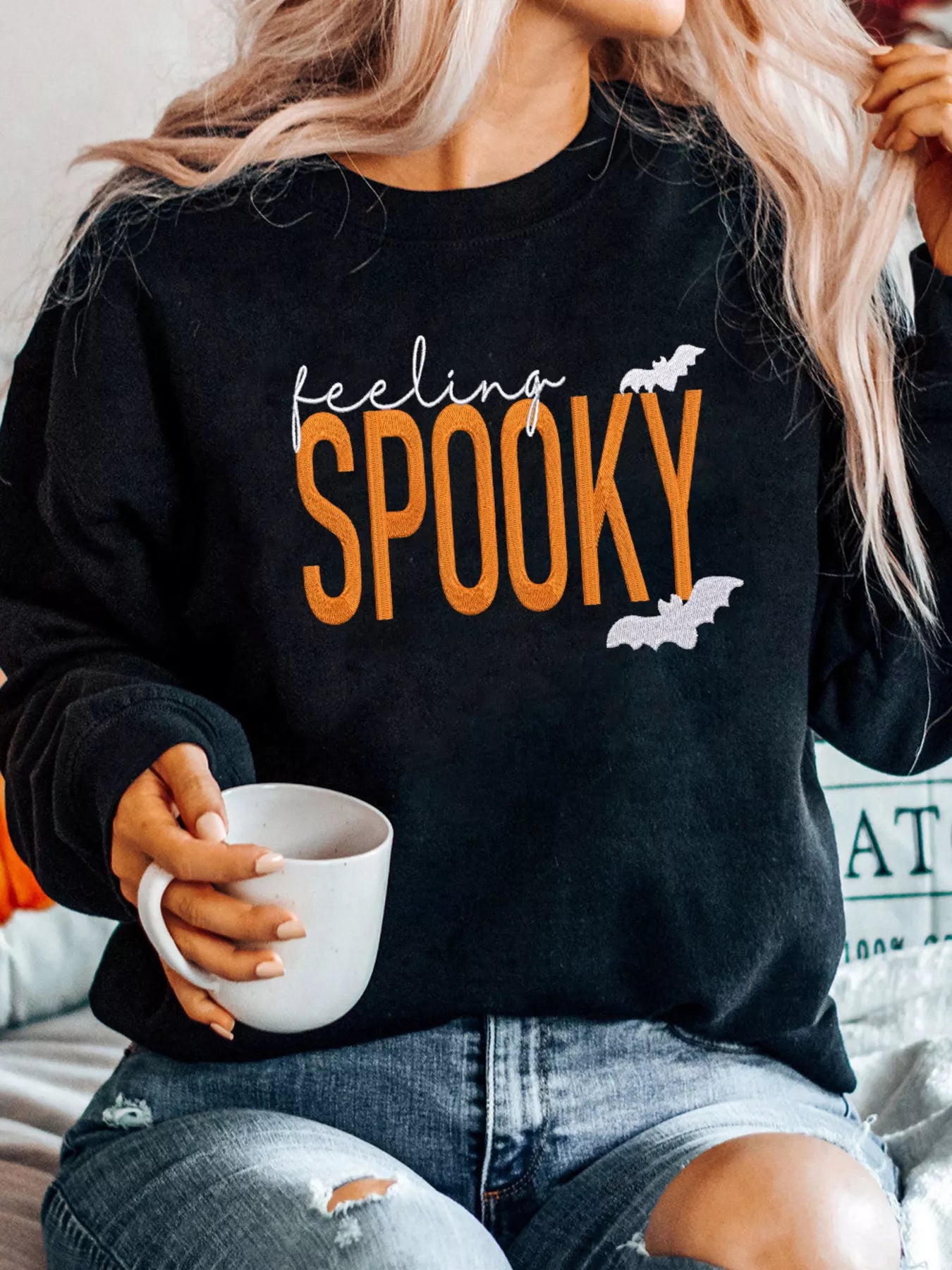 Feeling Spooky Halloween Embroidered Sweatshirt Black