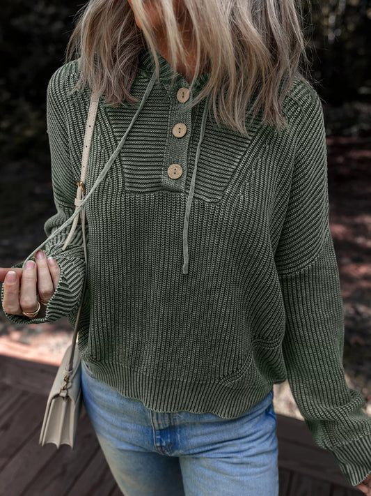 Women's Mineral Wash Ribbed Knit Hooded Sweater Army Green