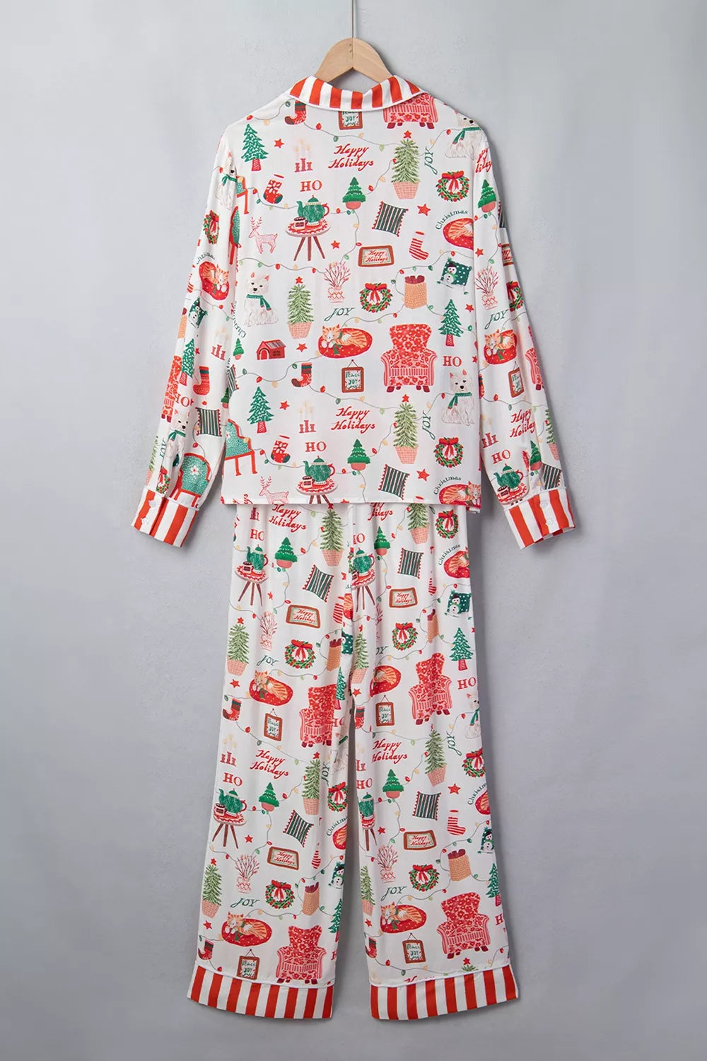 Striped Holiday Two-Piece Lounge Set with Button-Front Top and Matching Pants