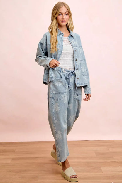 Women's Printed Washed Denim Jacket with Pocket - Jackets