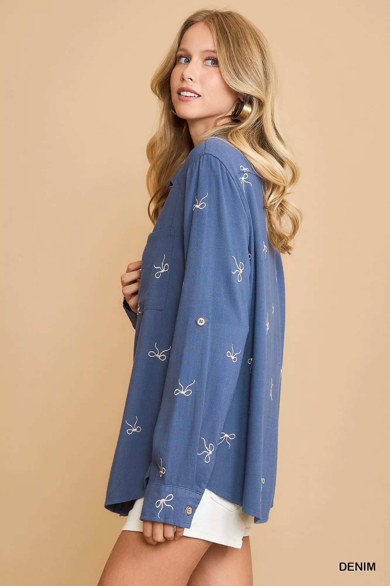 Ribbon Linen Blend Button Up Shirt in Denim | Trendy Shirts Outfit Idea for Women by Ro + Ivy | Elevated Basics, Modern Comfort & Style