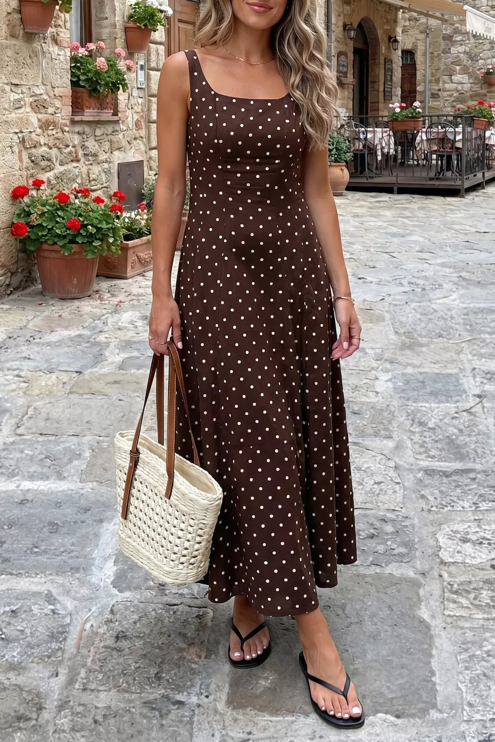 Women'ska Dot Square Neck Sleeveless Maxi Dress - Maxi Dresses