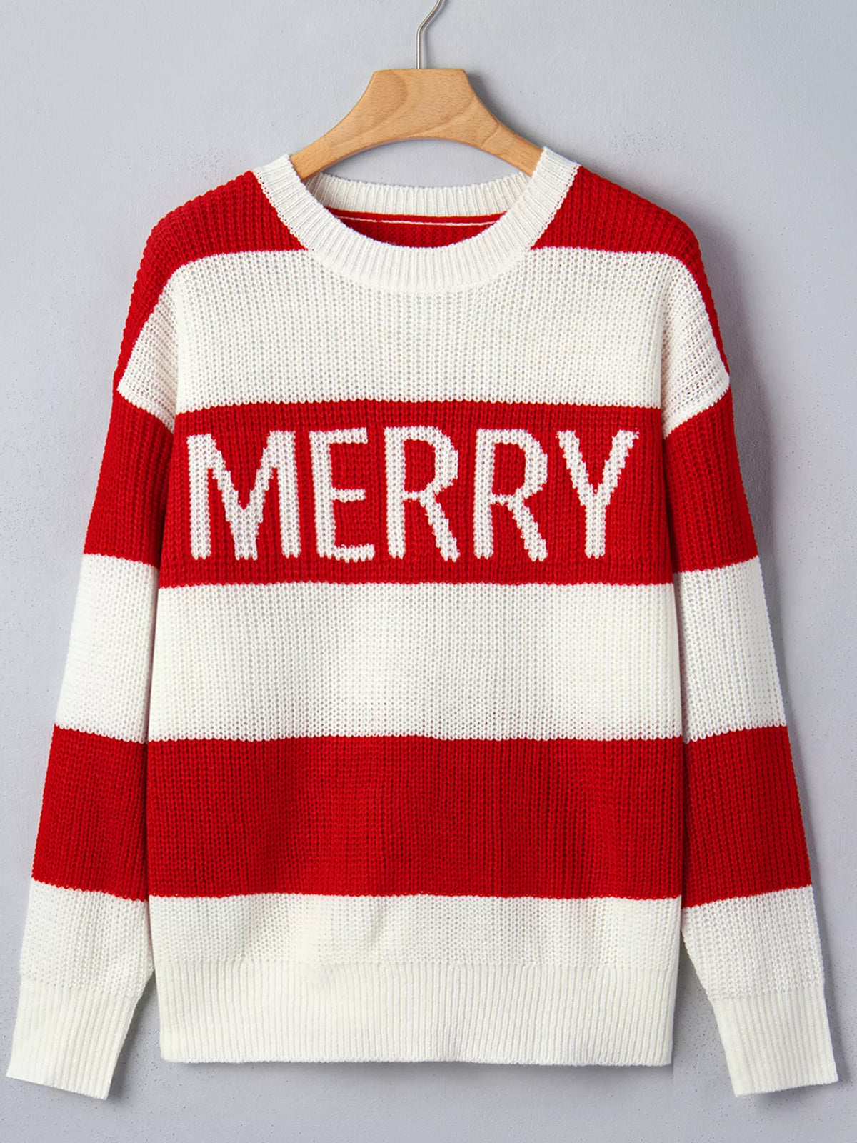 Striped Merry Christmas Drop-Shoulder Long-Sleeve Sweater