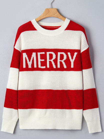 Striped Merry Christmas Drop-Shoulder Long-Sleeve Sweater