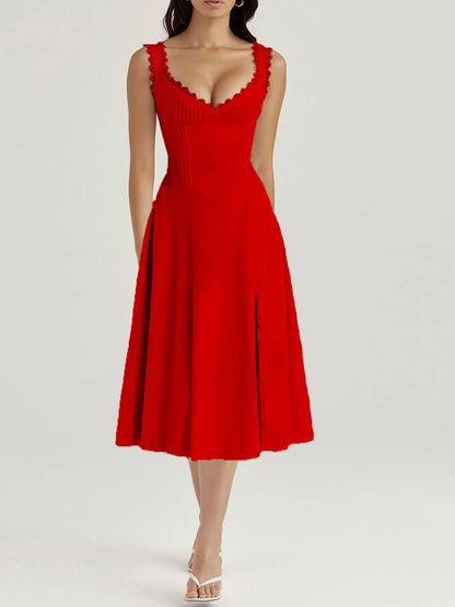 Women's Scalloped V-Neck Midi Dress with Back Lace-Up - Red Midi Dresses