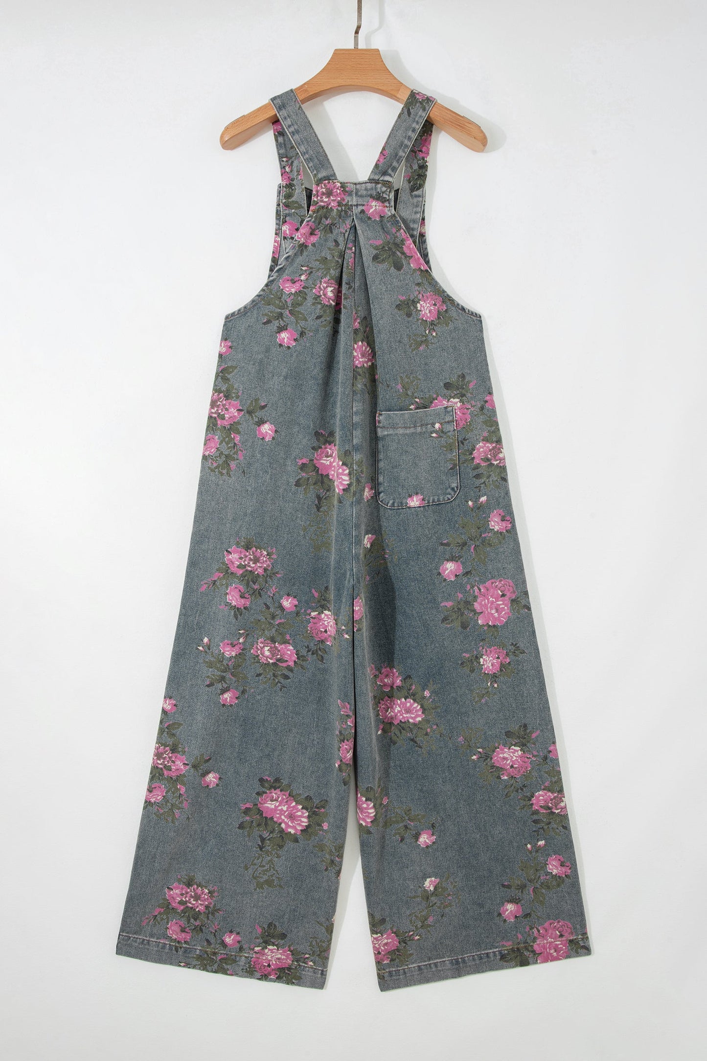 Floral Pleated High Waist Washed Denim Wide Leg Overalls — Retro Vintage Everyday Style - Bottoms/Jumpsuits & Rompers