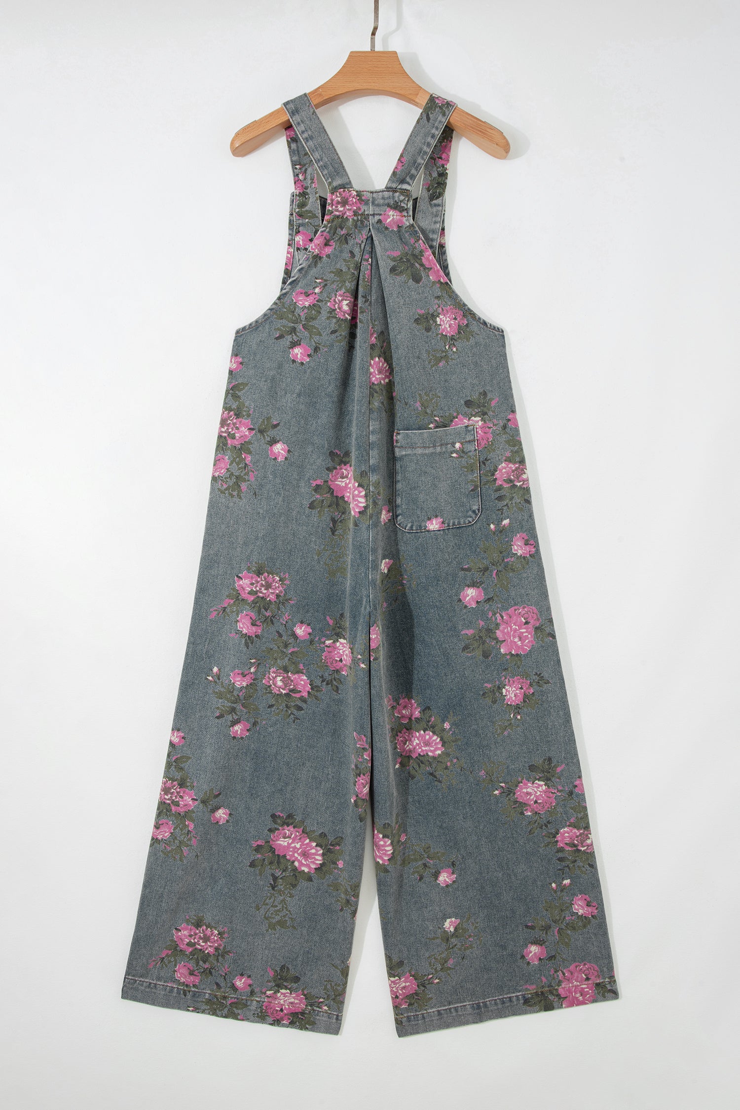 Floral Pleated High Waist Washed Denim Wide Leg Overalls — Retro Vintage Everyday Style - Bottoms/Jumpsuits & Rompers