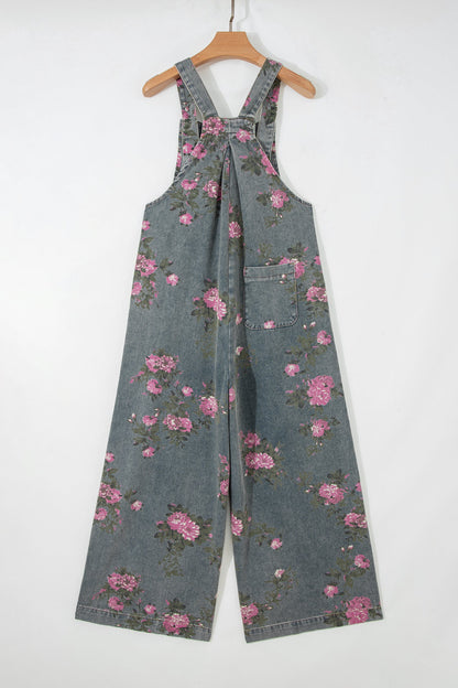 Floral Pleated High Waist Washed Denim Wide Leg Overalls — Retro Vintage Everyday Style - Bottoms/Jumpsuits & Rompers