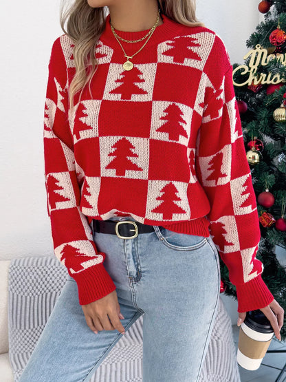Christmas Tree Checkerboard Pattern Knit Sweater