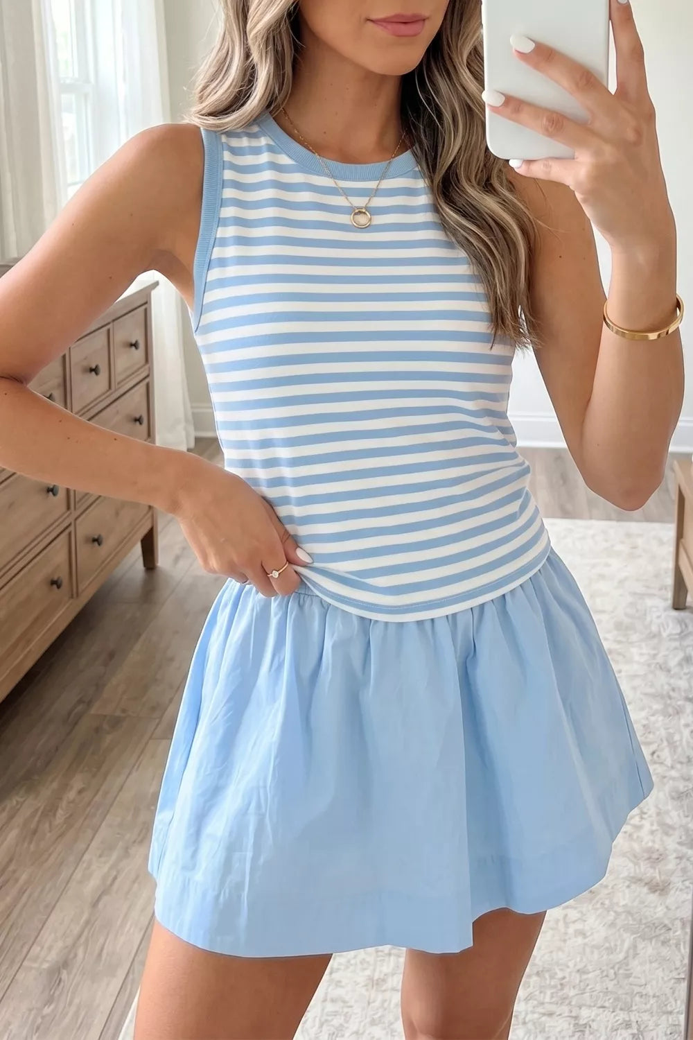 Women's Striped Slim Tank Contrast Ruffle Mini Skort Set - Light Blue Matching Sets