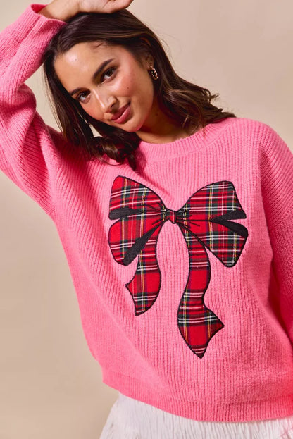 Plaid Bow Christmas Crewneck Holiday Sweater | Trendy Sweaters Outfit Idea for Women by Ro + Ivy | Elevated Basics, Modern Comfort & Style