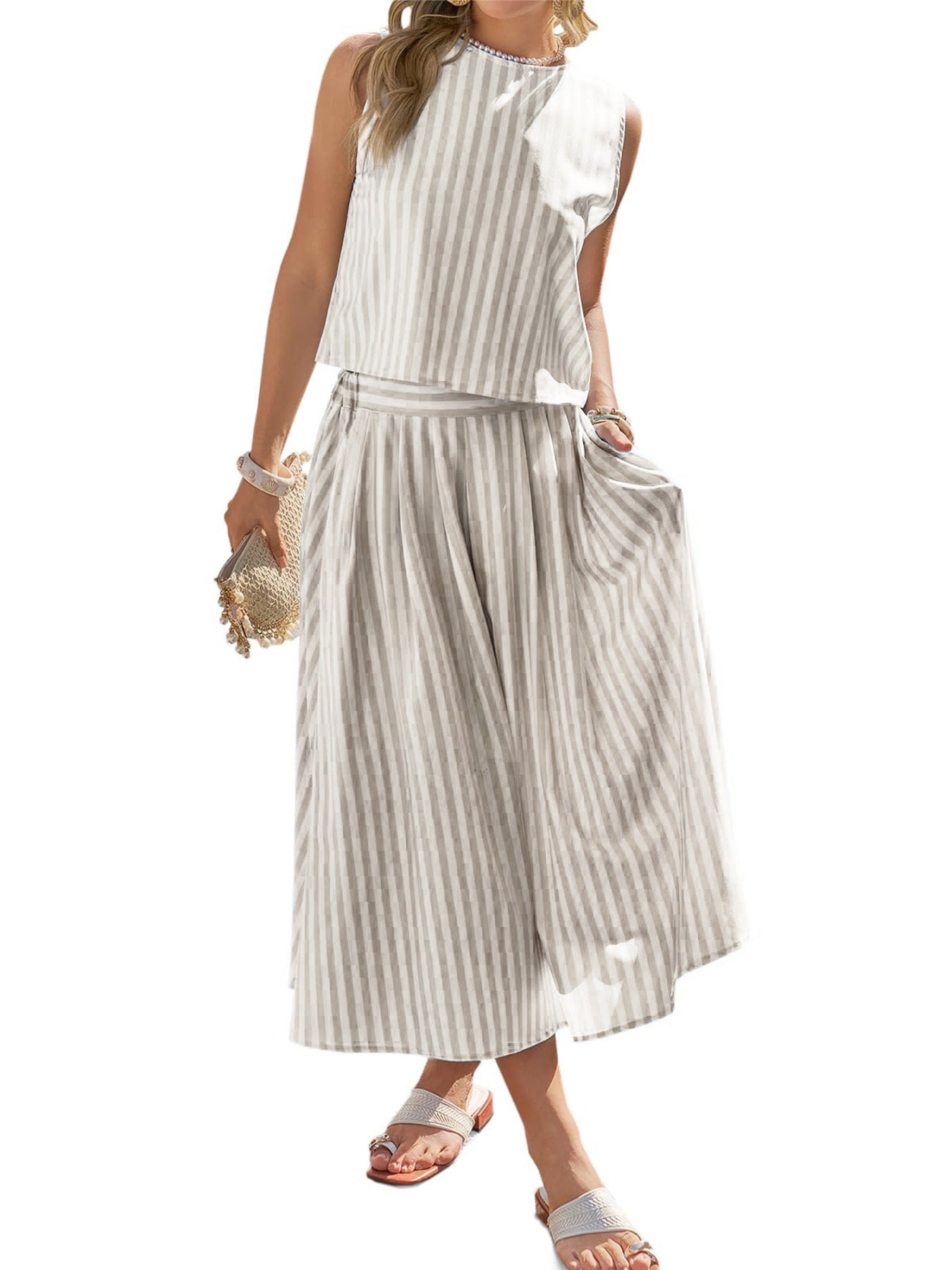 Women's Striped Sleeveless Top and Midi Skirt Set - Matching Sets