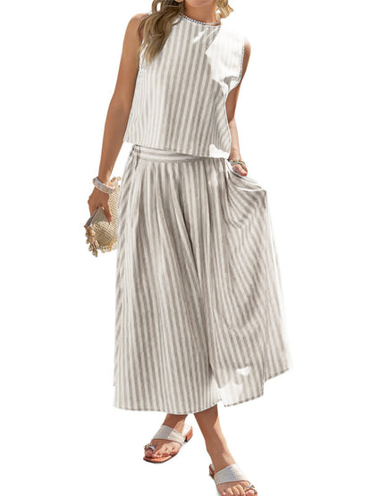 Women's Striped Sleeveless Top and Midi Skirt Set - Matching Sets