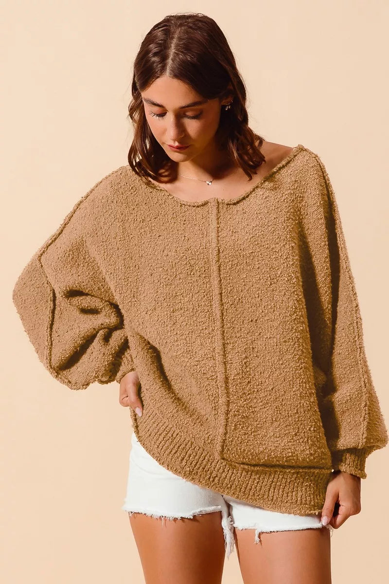 Boucle Loose Fit Sweater with Exposed Seam in Taupe | Trendy Sweaters Outfit Idea for Women by Ro + Ivy | Elevated Basics, Modern Comfort & Style