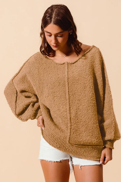 Boucle Loose Fit Sweater with Exposed Seam in Taupe | Trendy Sweaters Outfit Idea for Women by Ro + Ivy | Elevated Basics, Modern Comfort & Style