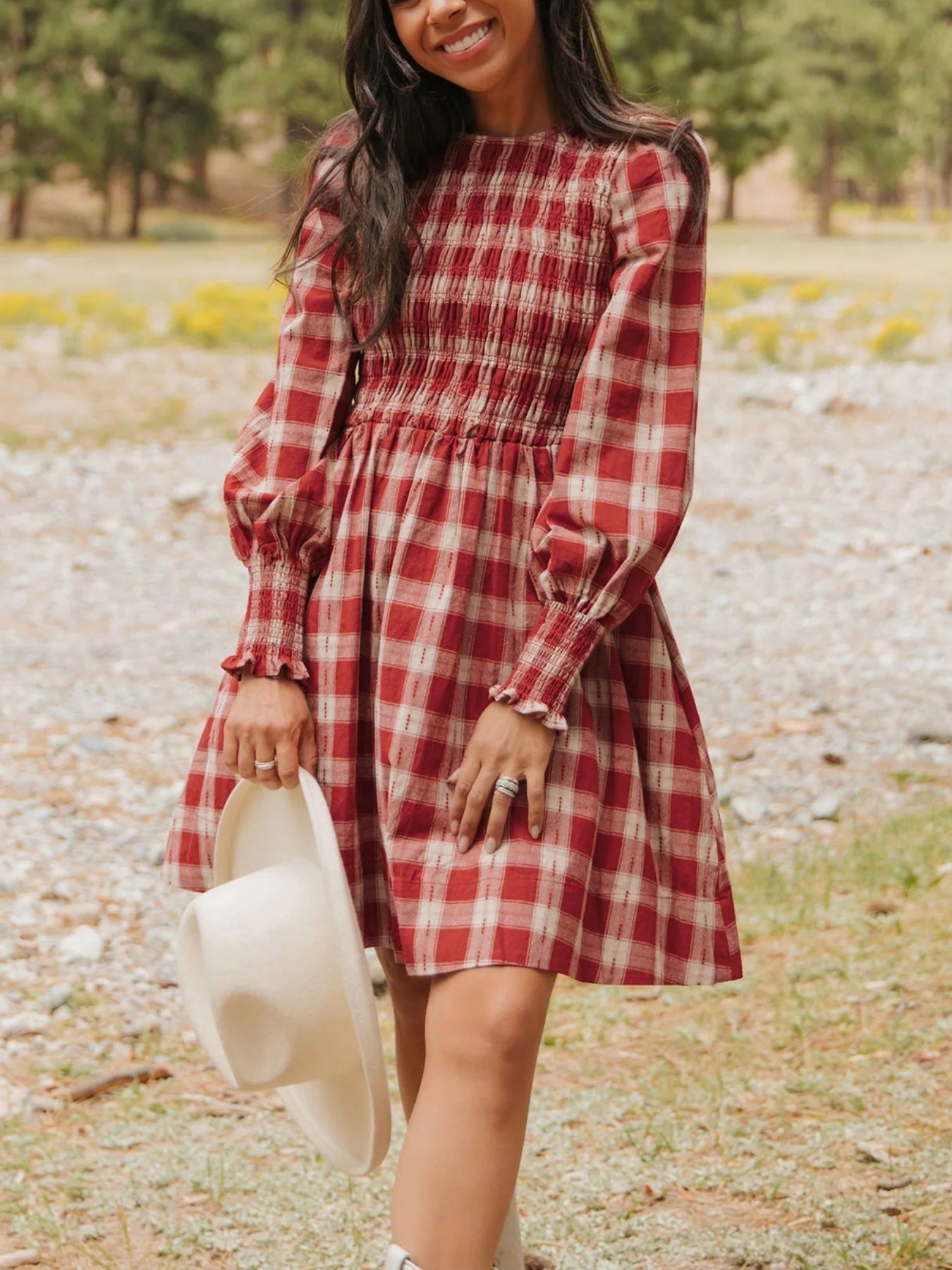 Women's Plaid Print Smocked Puff Sleeve Mini Dress - Mini Dresses
