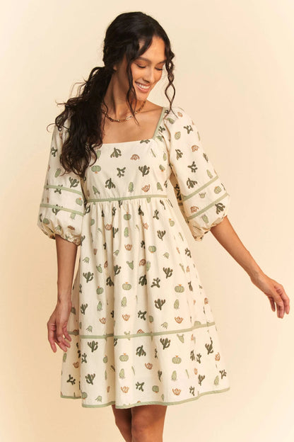 Cactus Printed Poplin Contrast Piping Mini Dress – CREAM GREEN outfit idea for women | Ro + Ivy