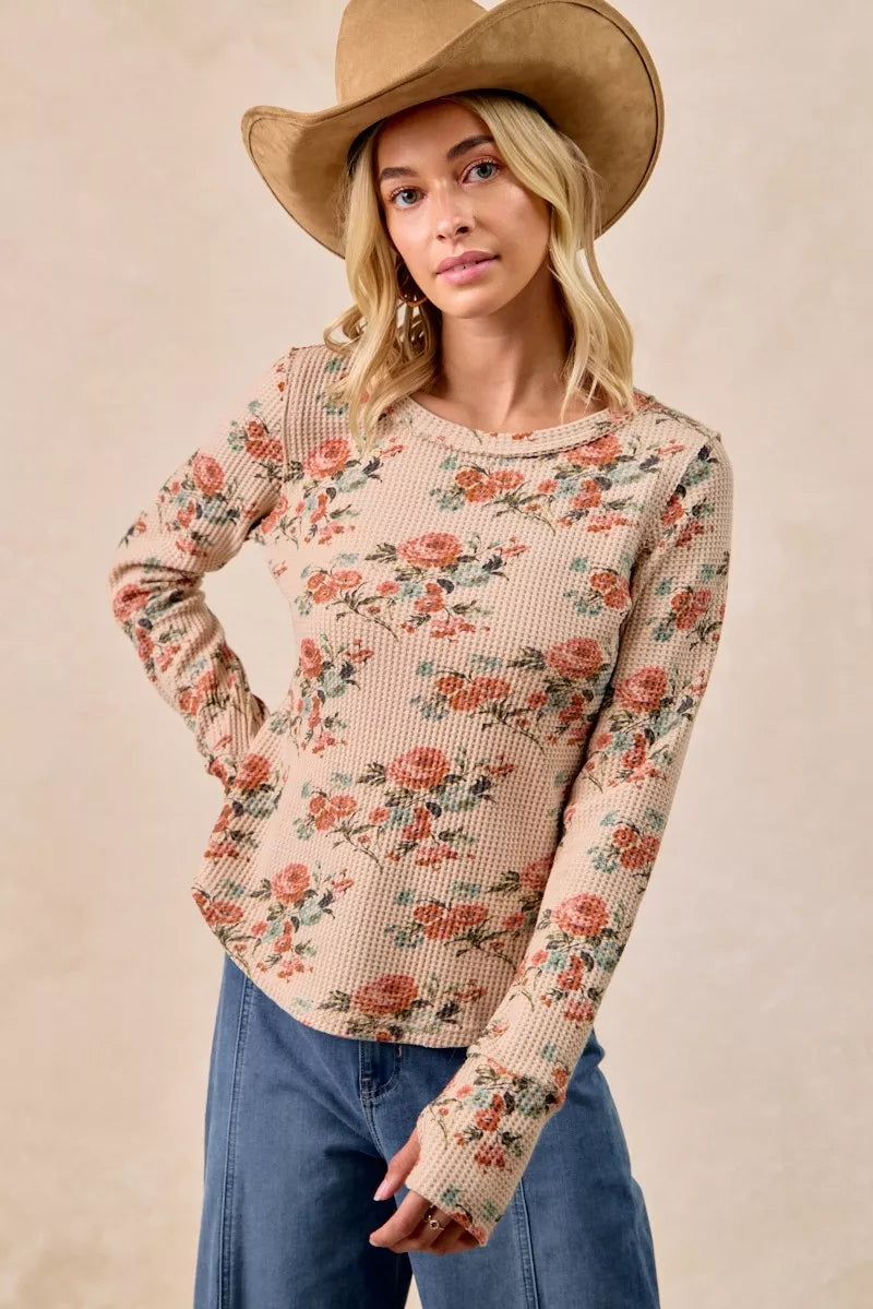 Taupe Washed Floral Long Sleeve Waffle Thermal Top with Sleeve Thumb Hole | Trendy Tops Outfit Idea for Women by Ro + Ivy | Elevated Basics, Modern Comfort & Style