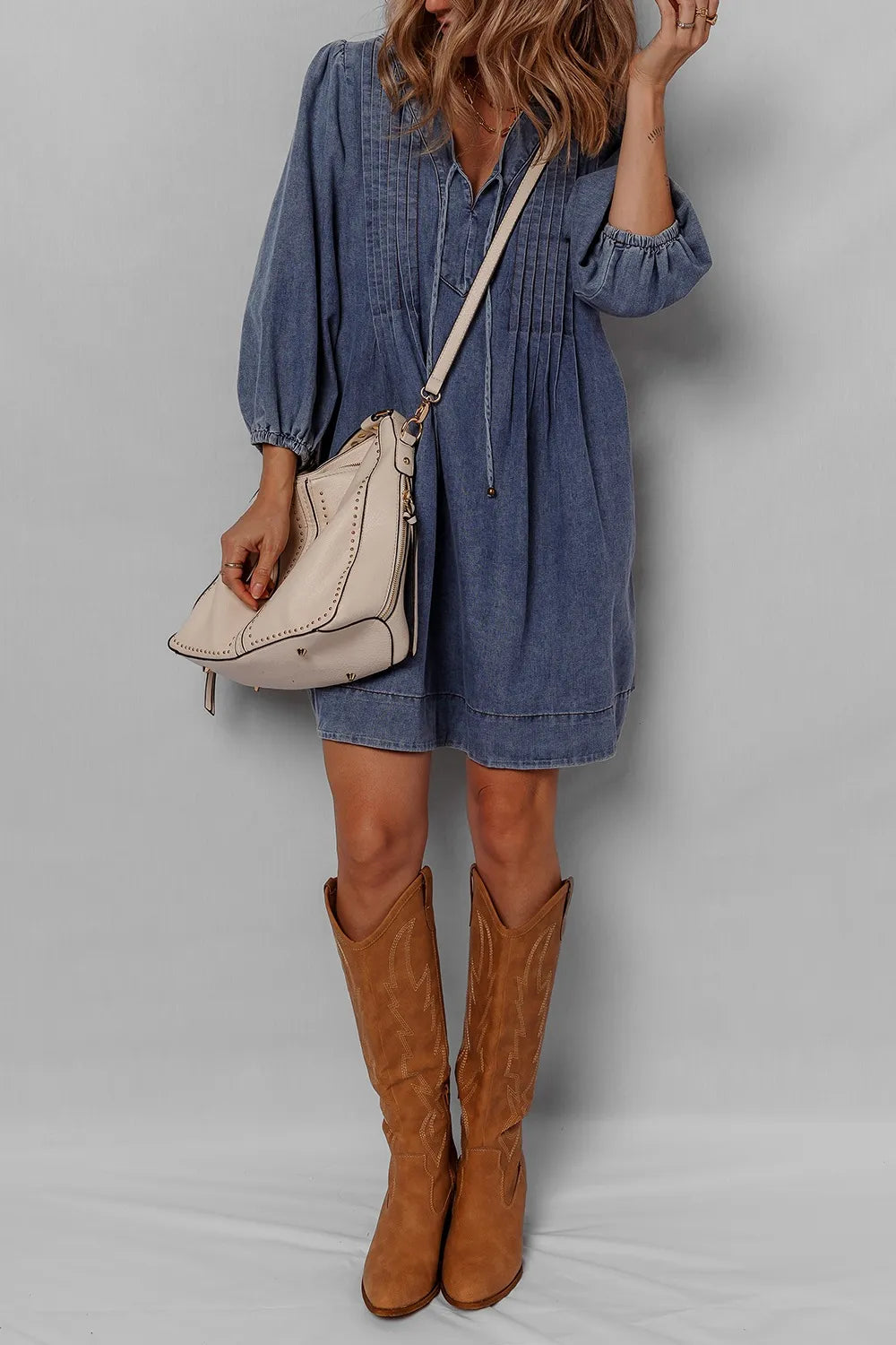 Tie Neck Long Sleeve Mini Denim Dress - Mini Dresses