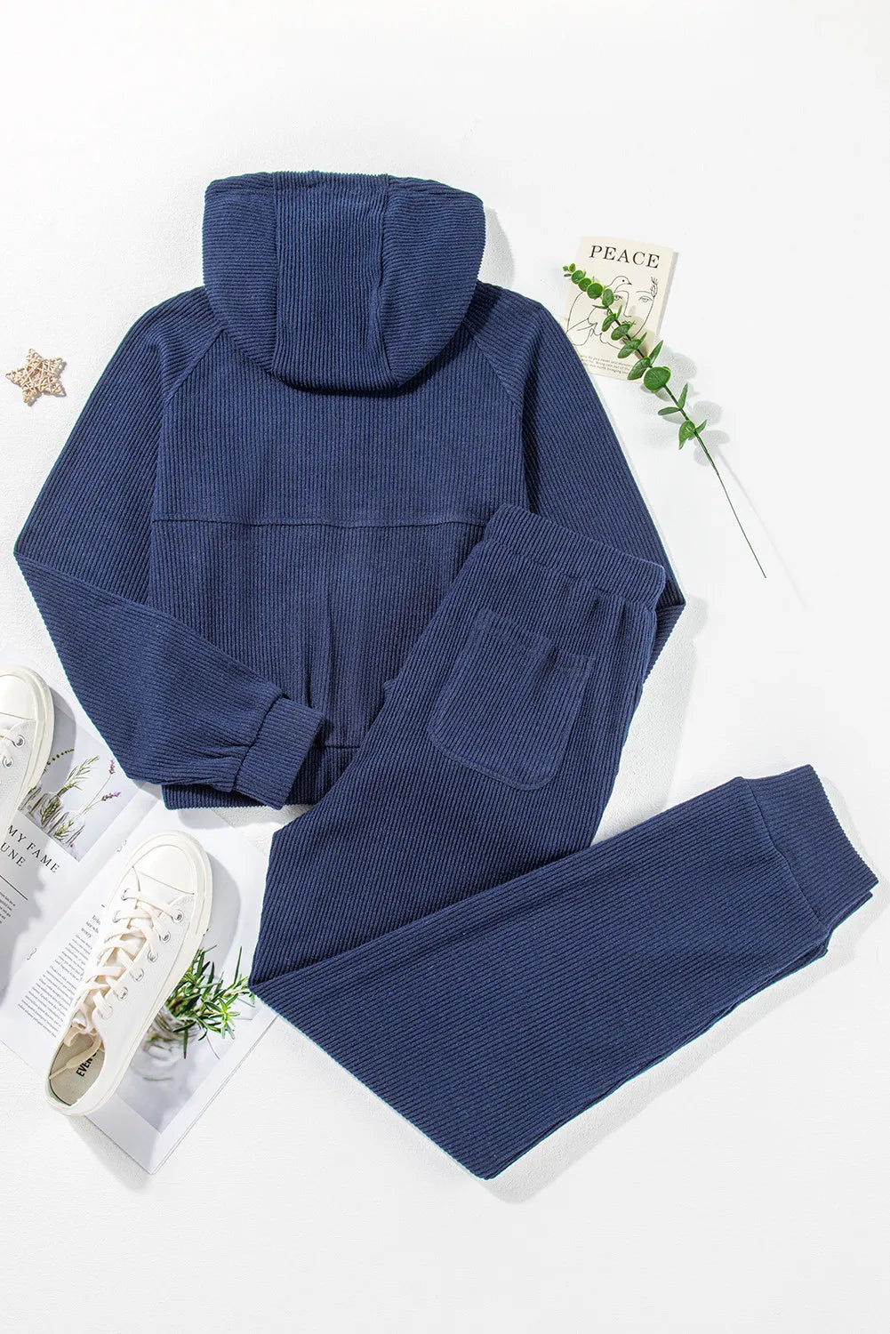 Ribbed Half Zip Hoodie and Joggers Loungewear Set