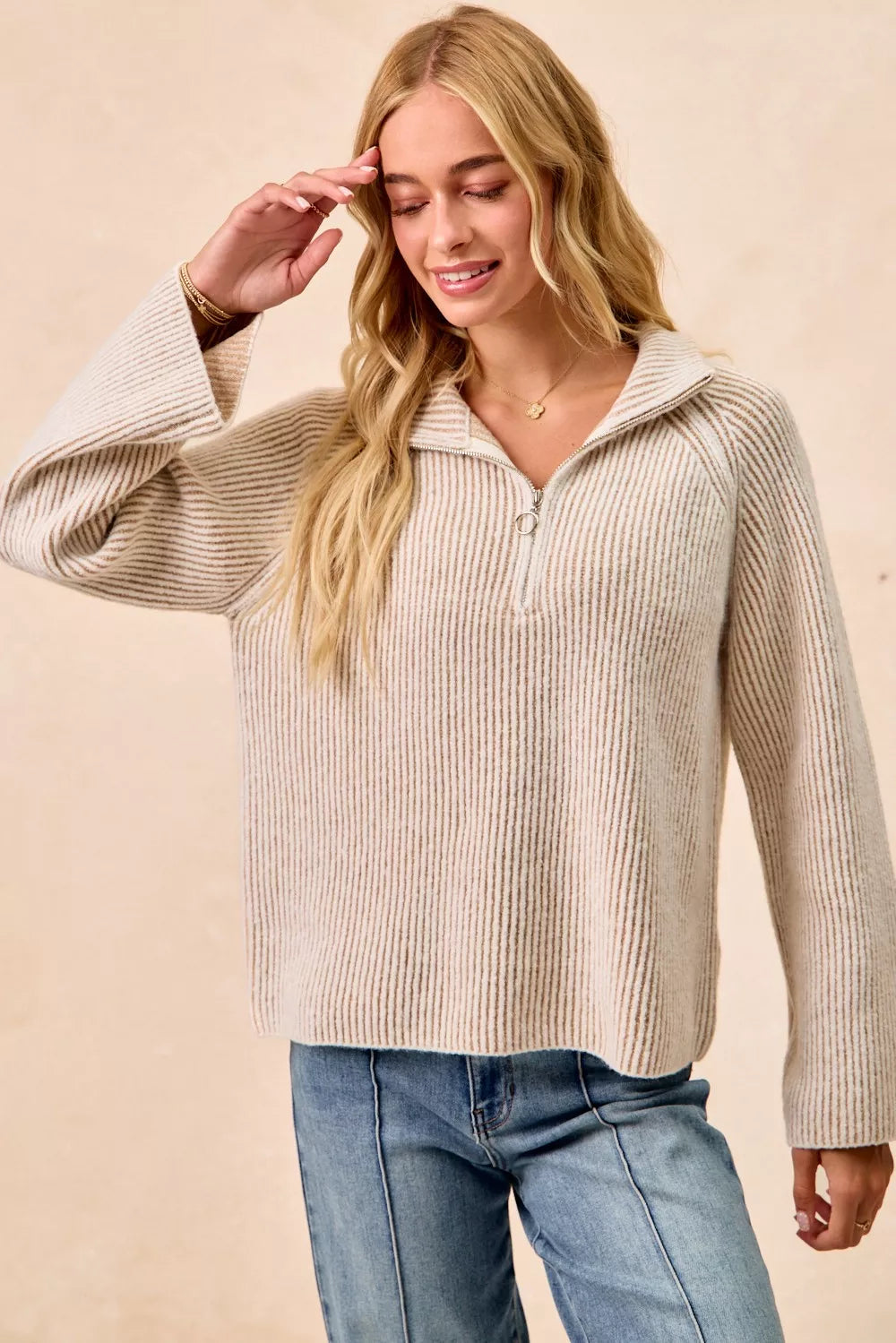 Two Tone Ribbed Knit Collared Zip Up Sweater | Trendy Sweaters Outfit Idea for Women by Ro + Ivy | Elevated Basics, Modern Comfort & Style