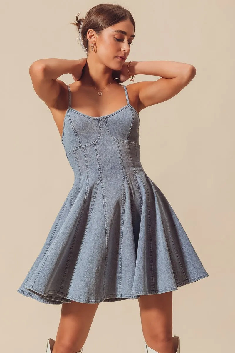 DENIM A Line Fit And Flare Denim Bow Ties Mini Dress | Trendy Mini Dresses Outfit Idea for Women by Ro + Ivy | Elevated Basics, Modern Comfort & Style