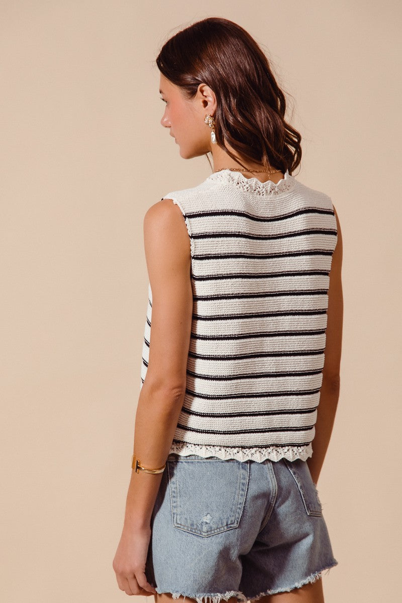 Striped Crochet Trim Button-Down Knit Sweater Vest — Lightweight Versatile Everyday Style - Knit Vests
