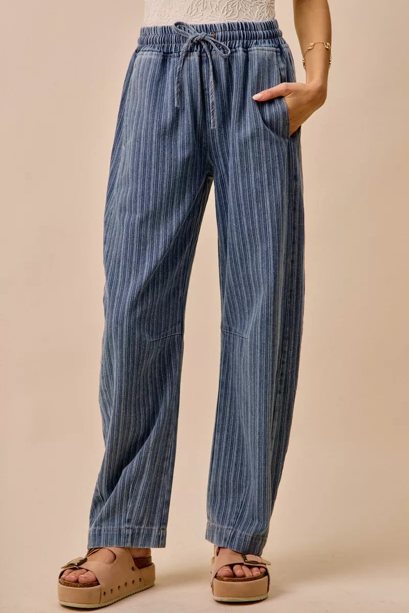 Stripe Denim Barrel Jeans Drawstring Waistband | Trendy Jeans Outfit Idea for Women by Ro + Ivy | Elevated Basics, Modern Comfort & Style