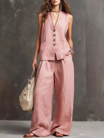 Women's Flowy Sleeveless Vest and Wide Leg Pants Set - Pink Matching Sets