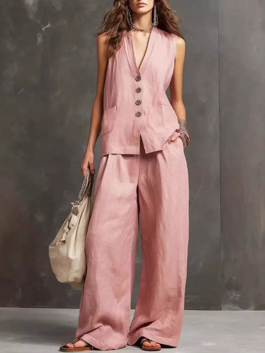 Women's Flowy Sleeveless Vest and Wide Leg Pants Set Pink