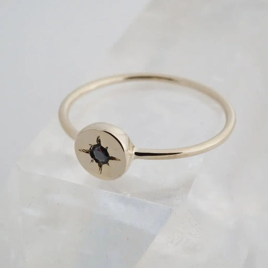 Starburst Compass Band Ring — Black Crystal Dainty Thin Stacking Minimalist - Rings