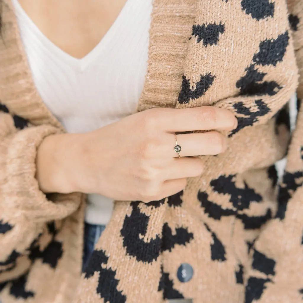 Starburst Compass Band Ring — Black Crystal Dainty Thin Stacking Minimalist - Rings