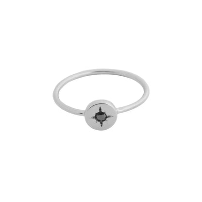 Starburst Compass Band Ring — Black Crystal Dainty Thin Stacking Minimalist - Silver Rings