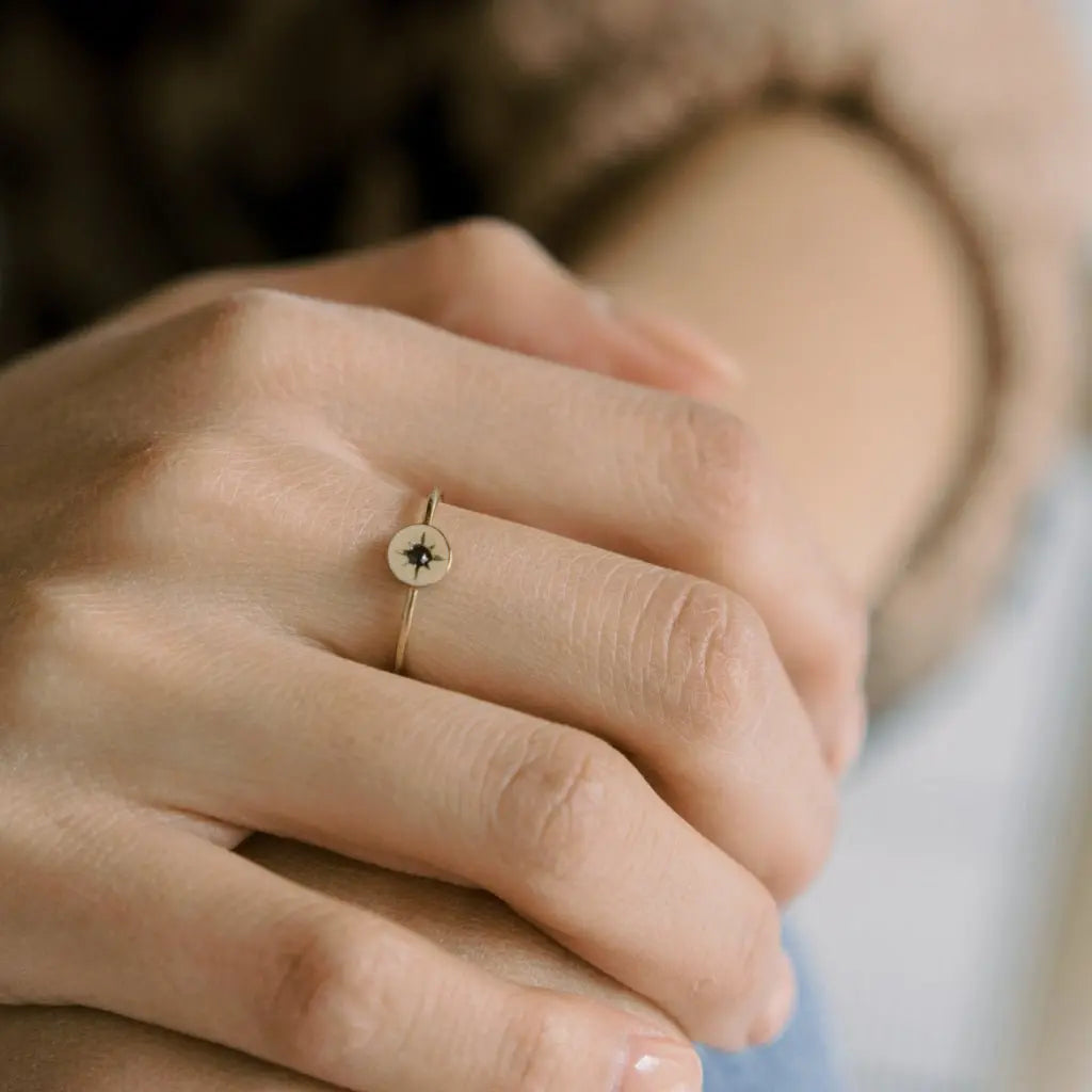 Starburst Compass Band Ring — Black Crystal Dainty Thin Stacking Minimalist - Rings