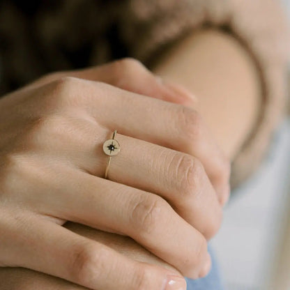 Starburst Compass Band Ring — Black Crystal Dainty Thin Stacking Minimalist - Rings
