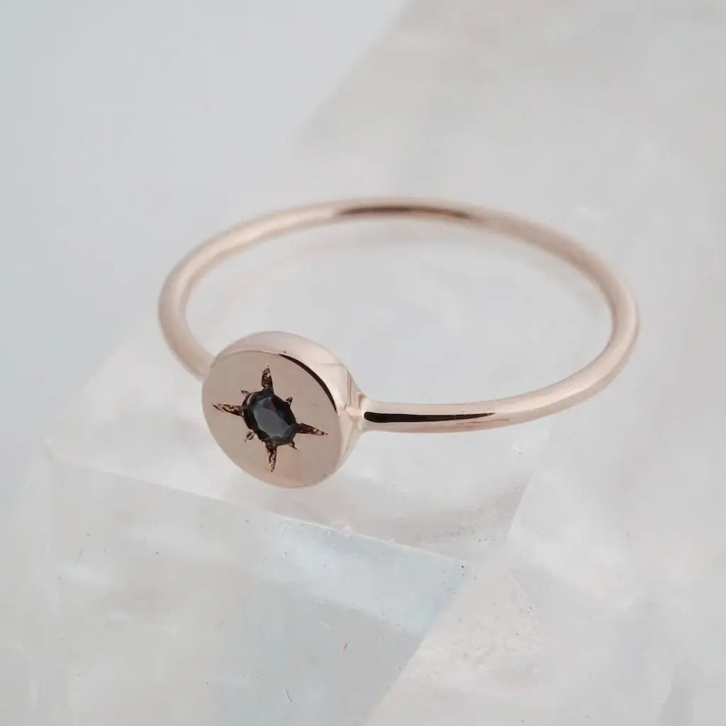 Starburst Compass Band Ring — Black Crystal Dainty Thin Stacking Minimalist - Rings
