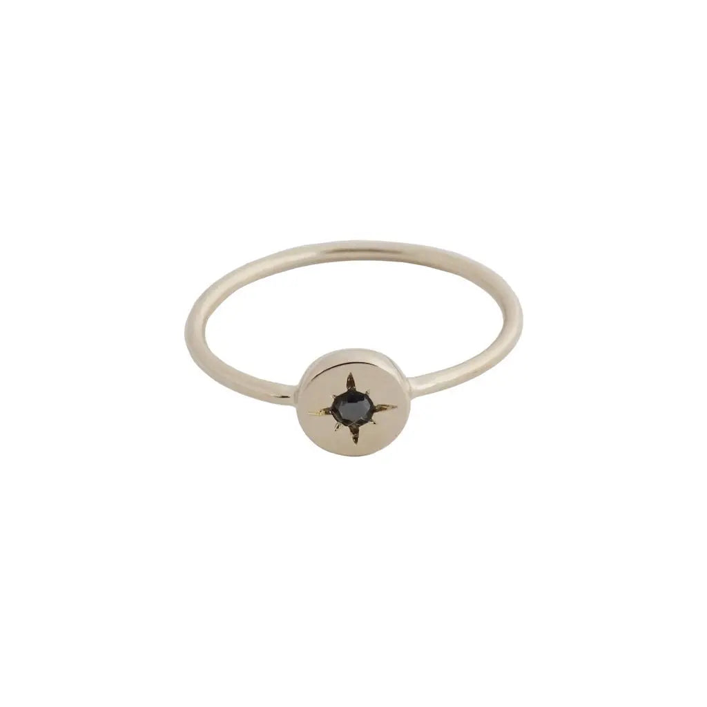 Starburst Compass Band Ring — Black Crystal Dainty Thin Stacking Minimalist - Gold Rings