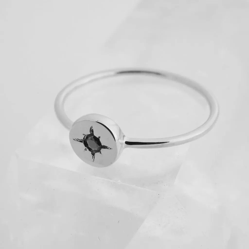 Starburst Compass Band Ring — Black Crystal Dainty Thin Stacking Minimalist - Rings