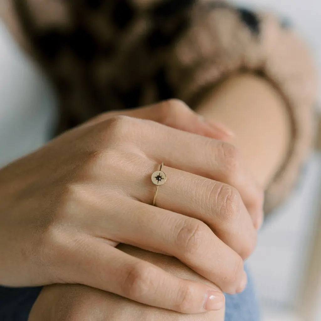 Starburst Compass Band Ring — Black Crystal Dainty Thin Stacking Minimalist - Rings