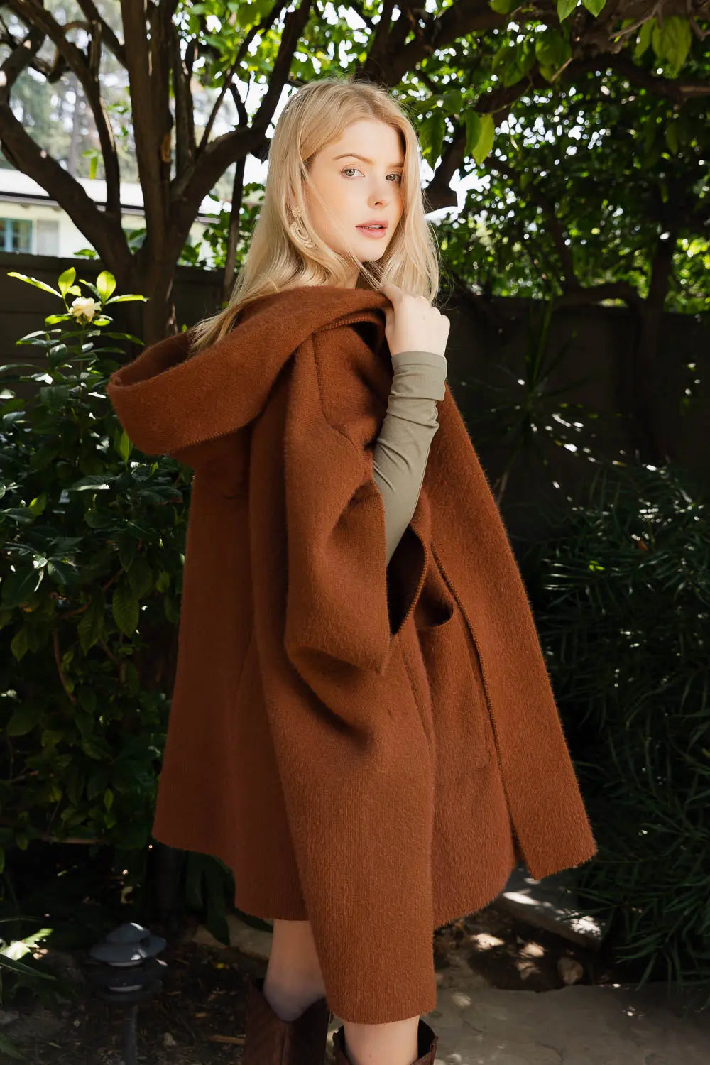 Cozy Hooded Ruana Poncho One Size Camel