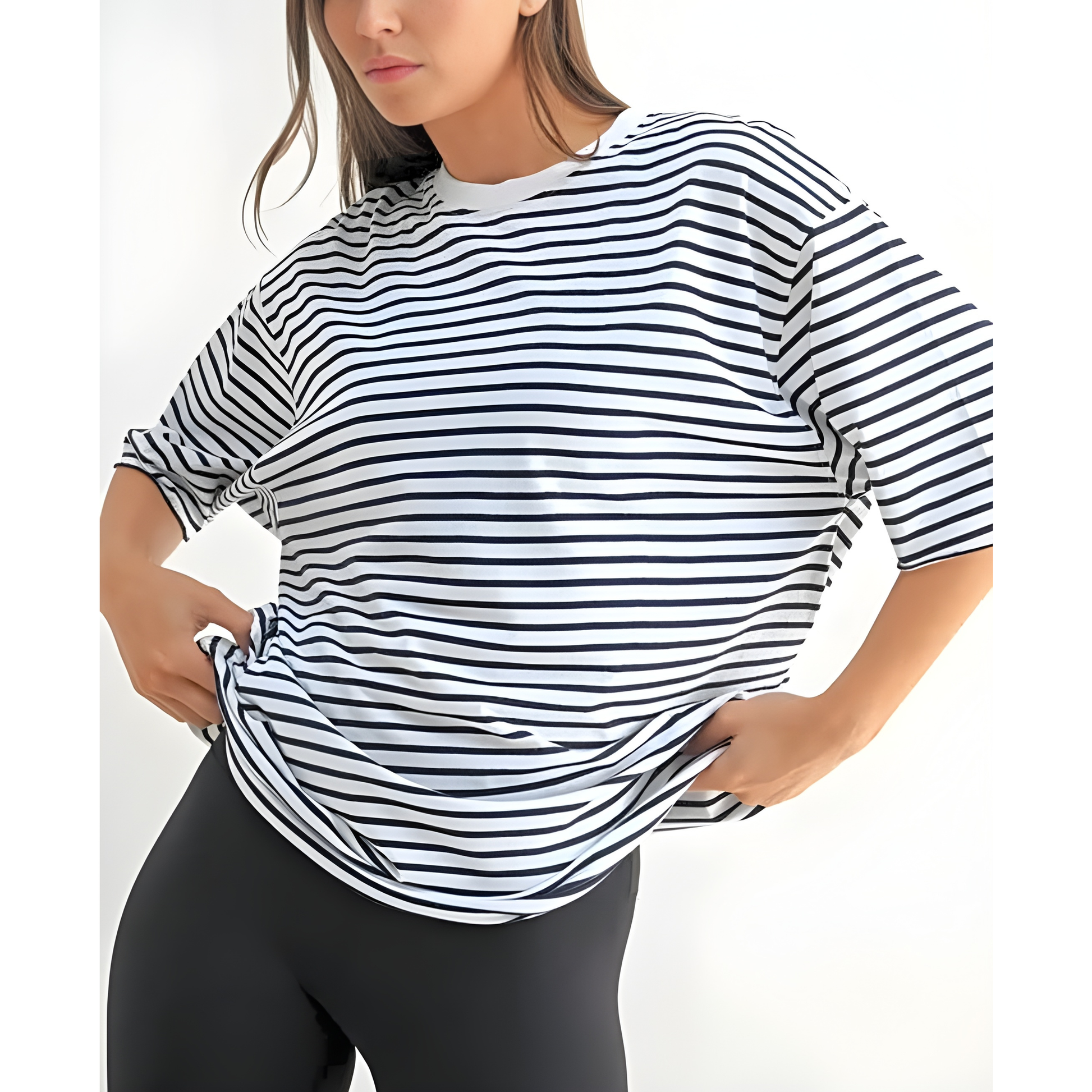 100% Cotton Coastal Striped Oversized Crewneck T-Shirt - T-Shirts