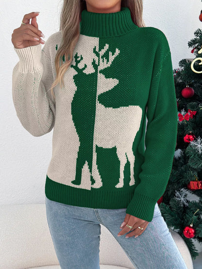 Christmas Reindeer Ribbed Turtleneck Knit Sweater