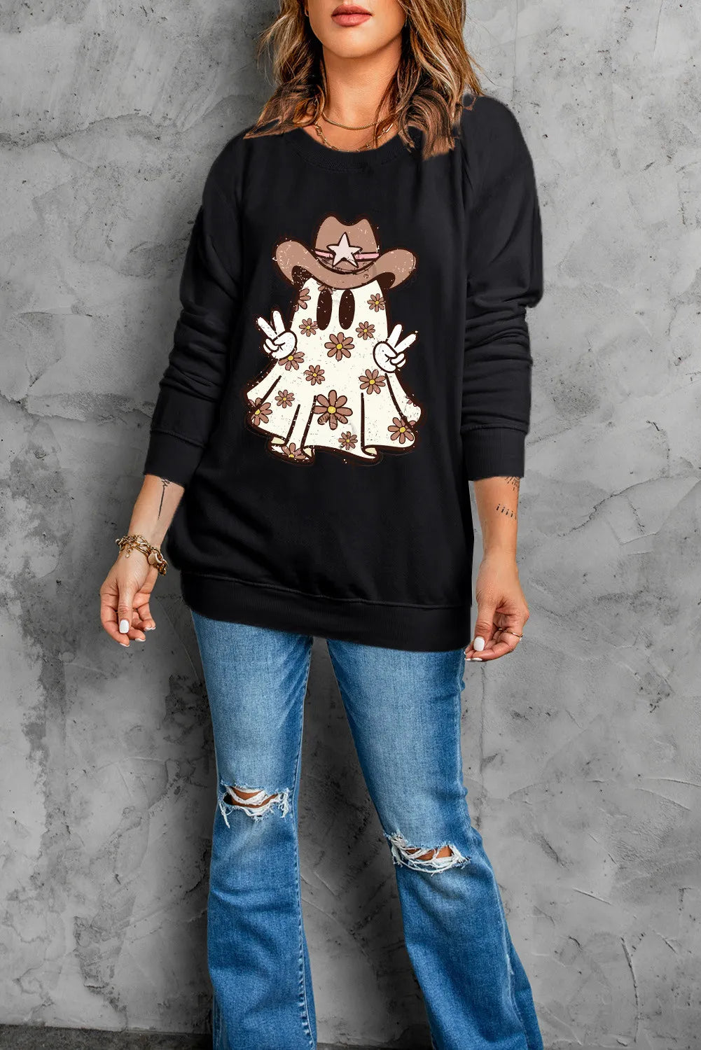 Western Ghost Round Neck Long Sleeve Sweatshirt