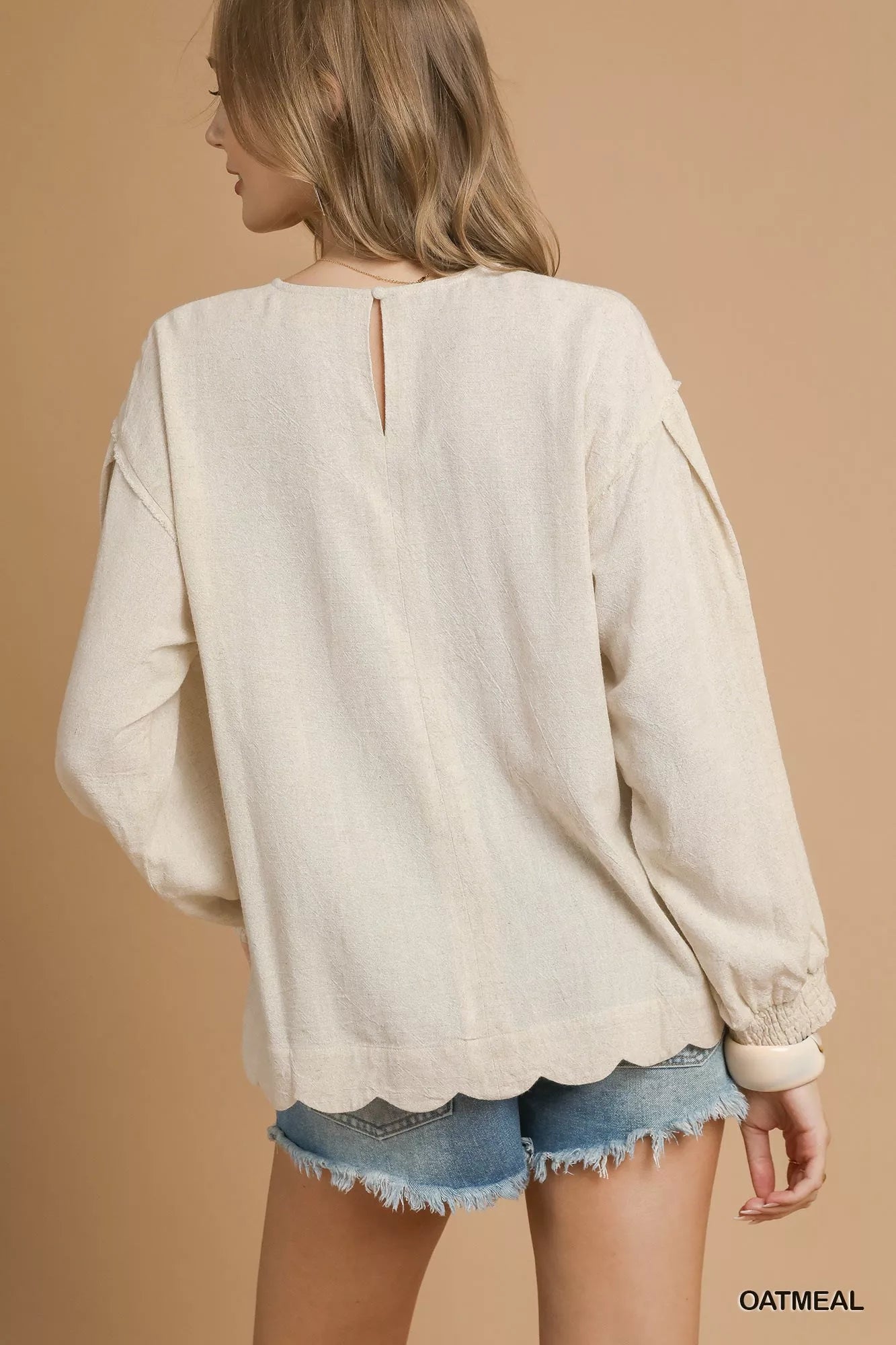 Scallop Hem Cotton-Linen Long Sleeve Blouse - Blouses
