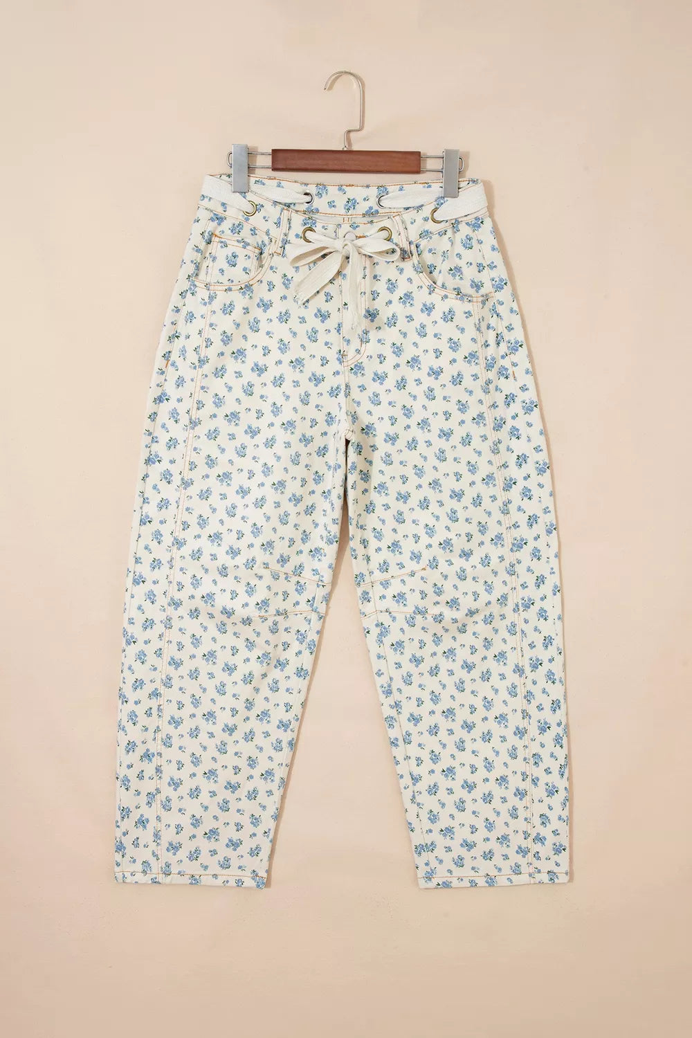 Women's Grommet Knot Waist Floral Barrel Leg Jeans - Jeans